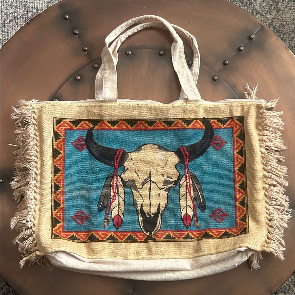 Upcycled southwest style gecko steer skull boho fringe canvas market tote bag